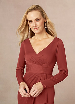 Azazie Risa Mother of the Bride Dresses Terracotta Mermaid V-Neck Pleated Mesh Dress image4