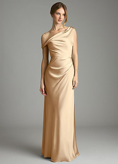 Azazie Emerson Bridesmaid Dresses Champagne Mermaid Off the Shoulder Stretch Satin Dress image4