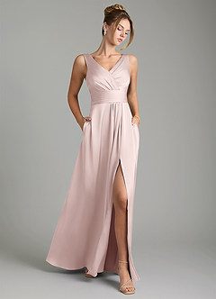 Azazie Karina Robes de demoiselle d'honneur Robe Trapèze en Satin extensible Plissée Rose Pâle image1