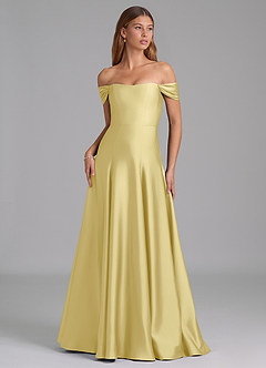 Azazie Seriana Bridesmaid Dresses Lemon Sorbet A-Line Off the Shoulder Stretch Satin Convertible Dress image1