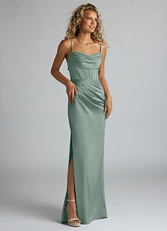 Azazie Mai Robes de demoiselle d'honneur Robe Fourreau en Satin extensible Plissée Sauge D'argent image3