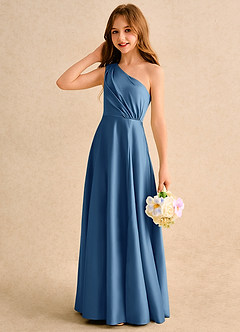 Azazie Puddles Girls Formal Flower Girl Dresses Twilight A-Line One Shoulder Matte Satin Dress image6