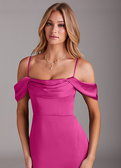 Azazie Saige Bridesmaid Dresses Fuchsia Sheath Off the Shoulder Stretch Satin Dress image2