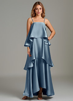 Azazie Azalea Bridesmaid Dresses Dusty Blue A-Line Ruched Stretch Satin Dress image1
