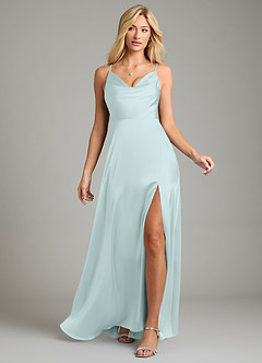 Azazie Sarella Vestidos de damas de honor Vestido de Vidrio Marino de Satén Elástico de Corte en A con Plisado image6