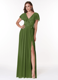 Azazie Jael Robes de demoiselle d'honneur Robe Trapèze en Maille Col en V Olive image1