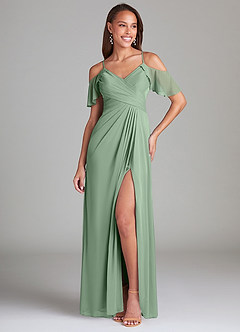 Azazie Dakota Bridesmaid Dresses Matcha A-Line Off the Shoulder Mesh Dress image1