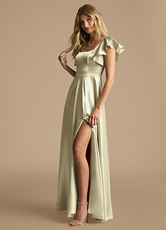 Azazie Bondi Bridesmaid Dresses Moss Green A-Line Bow Metallic Satin Dress image7