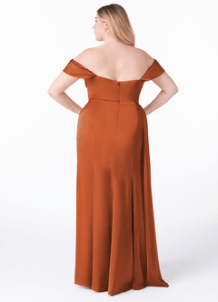 Azazie Amyra Bridesmaid Dresses Cinnamon Sheath Off the Shoulder Stretch Satin Convertible Dress image10