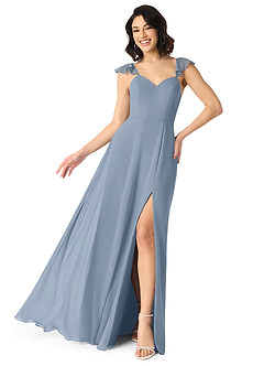 Azazie Everett Robes de demoiselle d'honneur Robe Trapèze en Mousseline de soie Col V froncé Bleu Poussiéreux image2