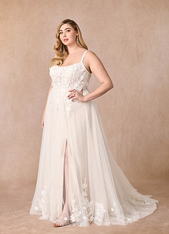 Azazie Jovana Hochzeitskleider A-Linie Schaufel Tüll Kleid Diamantweiß Champagner image6