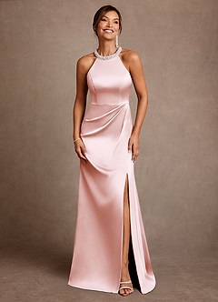 Azazie Lawrence Mother of the Bride Dresses Blushing Pink A-Line Pleated Stretch Satin Dress image1
