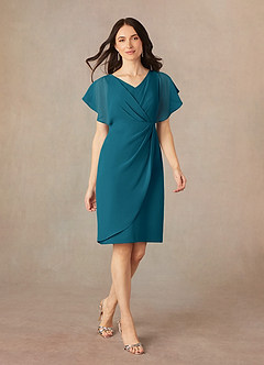 Azazie Julia Final Sale Ink Blue Sheath V-Neck Pleated Chiffon Dress image1