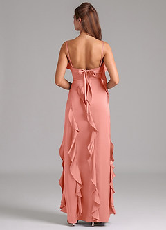Azazie Malia Bridesmaid Dresses Coral A-Line Side Slit Stretch Satin Dress image6