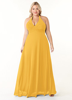 Azazie Tessie Bridesmaid Dresses Marigold A-Line V-Neck Pleated Chiffon Dress image6