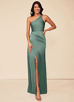 Azazie Maron Bridesmaid Dresses Eucalyptus A-Line One Shoulder Stretch Satin Dress image1