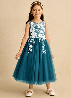 Azazie Sundae Robe Demoiselle D'honneur Fillette Robe Princesse en Dentelle Bleu Encre image5