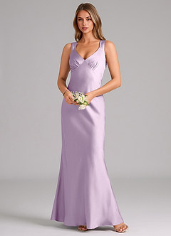 Azazie Kamila Bridesmaid Dresses Frosted Lilac A-Line Pleated Stretch Satin Dress image4