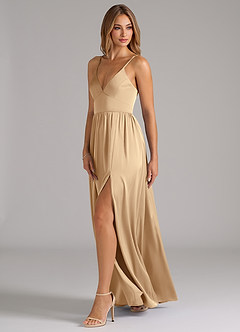 Azazie Aaida Bridesmaid Dresses Champagne A-Line Corset Stretch Satin Dress image3