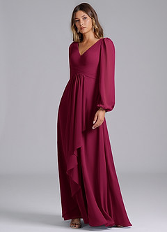 Azazie Liah Bridesmaid Dresses Burgundy A-Line Long Sleeve Chiffon Dress image4