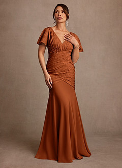 Azazie Jolene Mother of the Bride Dresses Burnt Orange Mermaid Pleated Floral Burnout Dress image4