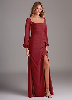 Azazie Charissa Bridesmaid Dresses Pomegranate Sheath Long Sleeve Chiffon Dress image5