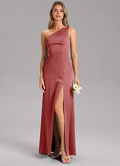 Azazie Phaedra Bridesmaid Dresses Antique Rose A-Line One Shoulder Stretch Satin Dress image3