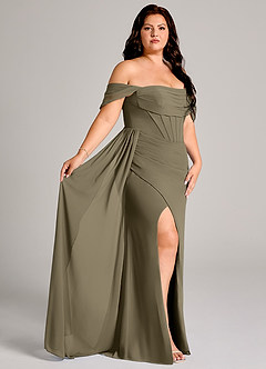 Azazie Amyra Robes de demoiselle d'honneur Robe Fourreau Convertible en Mousseline de soie Épaule décolletée Vert Saule image11