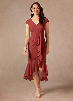 Azazie Renetta Mother of the Bride Dresses Rust Sheath V-Neck Pleated Mesh Dress image1