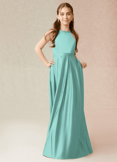 Azazie Arianthe Junior Vestido de Aqua de Satén Elástico de Corte En A con Con bolsillos image4