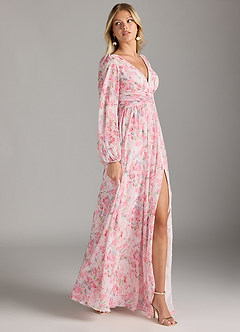 Azazie Norah Bridesmaid Dresses Abstract Watercolor Floral A-Line V-Neck Long Sleeve Chiffon Dress image3