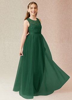 Azazie Georgette Junior Dark Green A-Line Lace Tulle Dress image4
