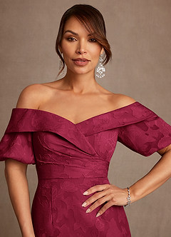 Azazie Golda Mother of the Bride Dresses Burgundy Sheath Off the Shoulder Floral Burnout Dress image5