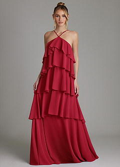 Azazie Deena Bridesmaid Dresses Scarlet A-Line Ruched Chiffon Dress image4