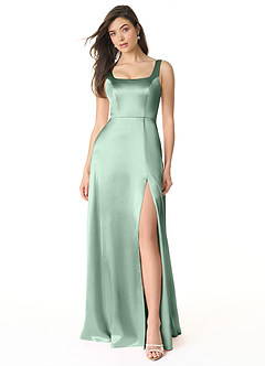 Azazie Joyce Bridesmaid Dresses Agave A-Line Side Slit Metallic Satin Dress image1