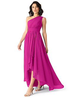 Azazie Mathilda Abiti da Damigella Abito A-Line in Chiffon Monospalla Fucsia image5