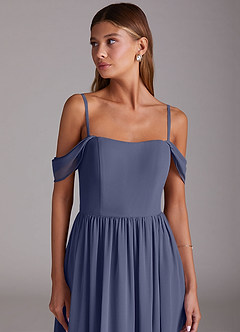 Azazie Calianna Robes de demoiselle d'honneur Robe Trapèze Convertible en Mousseline de soie Épaule décolletée Bleu Orageux image7