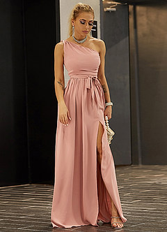 azazie-Joyfunear Twist Shoulder Belted Split Thigh Dress