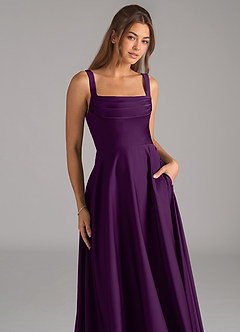Azazie Shaude Bridesmaid Dresses Grape A-Line Pleated Stretch Satin Dress image2