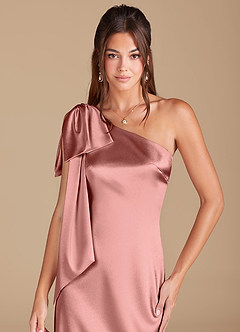 Azazie Capri Bridesmaid Dresses Rosette Sheath One Shoulder Metallic Satin Dress image5
