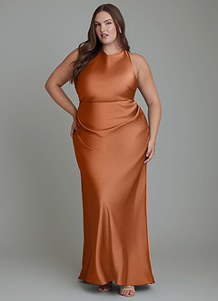 Azazie Evadne Bridesmaid Dresses Copper Sheath Pleated Stretch Satin Dress image7
