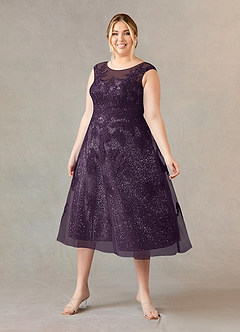 Azazie Flynn vestidos de madre de la novia Vestido de Ciruela de Tul de Corte En A con Cuello barco encaje image6