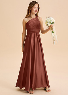 Azazie Charlize Junior Abito A-Line in Raso Elasticizzato Plissettato Auburn image3