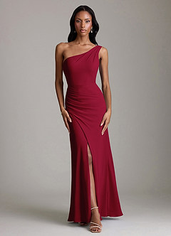 Azazie Madelyn Bridesmaid Dresses Burgundy Mermaid One Shoulder Chiffon Convertible Dress image7