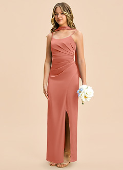 Azazie Calandra Junior Salmon Pink Sheath Pleated Stretch Satin Dress image4