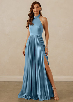 Christian Siriano Bridal for Azazie 1007 Robes de demoiselle d'honneur Robe Trapèze en Satin extensible Plissée Acier Bleuté image1