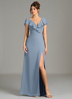 Azazie Kimmy Brautjungfernkleider Eine Linie Gestreift Chiffon Kleid Staubblau image1