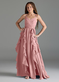 Azazie Peyton Junior Vestido de Rosa Polvorienta de Gasa de Corte En A con Volantes en cascada Cuello en V image1