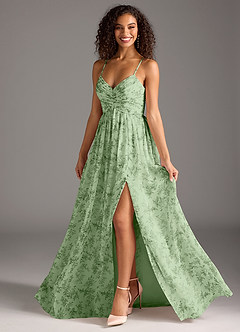 Azazie Alia Bridesmaid Dresses Green Fern Floral A-Line Pleated Chiffon Dress image1