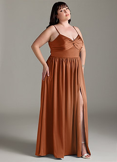 Azazie Zeya Bridesmaid Dresses Copper A-Line Pleated Stretch Satin Dress image11